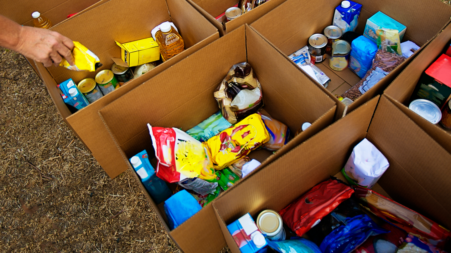 Views of cardboard boxes filled with canned and boxed food