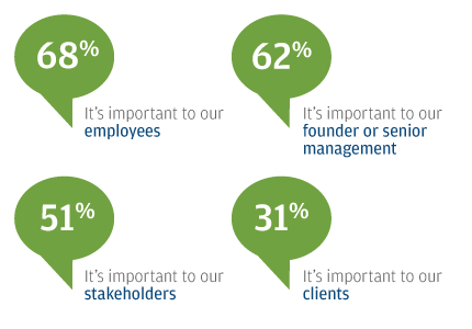 Important to our employees 68% Important to our founder or senior management 62% Important to our stakeholders 51% Important to our clients 31%