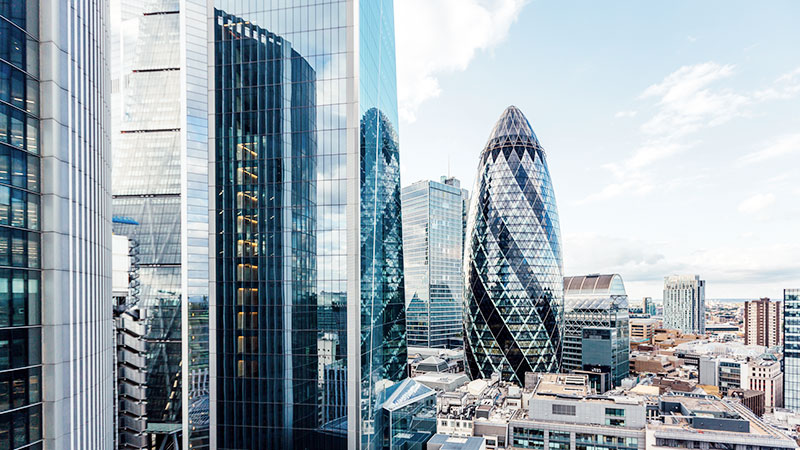 City scape with tall, glass buildings