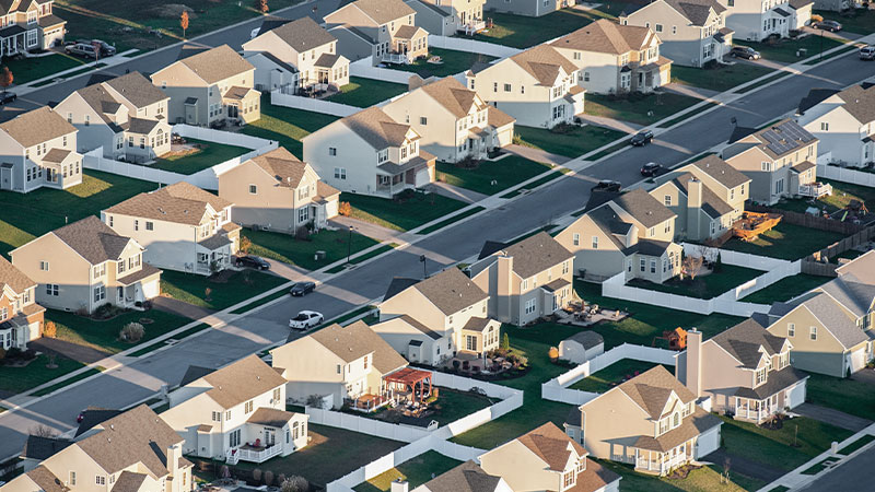 Aerial view of a suburban neighborhood