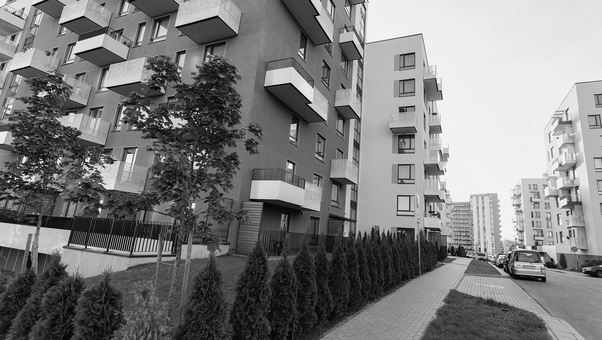 Apartment building in black and white