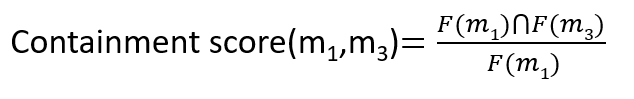 The containment score of m set 1 and m set 3 equals the ratio between the intersection of the function of m set 1 and the function of m set 3 and the function of m set 1