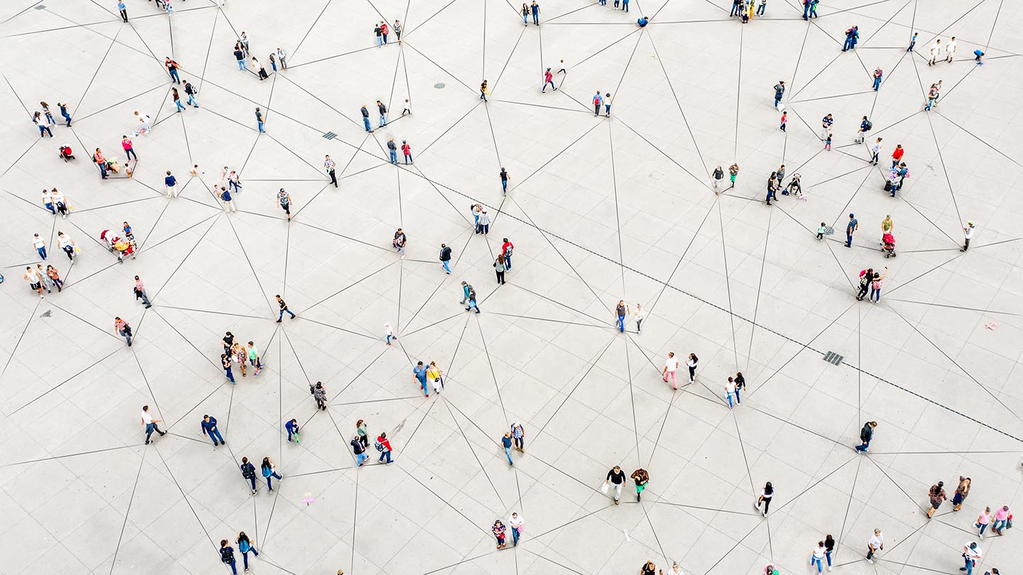 Aerial view of crowd connected by lines