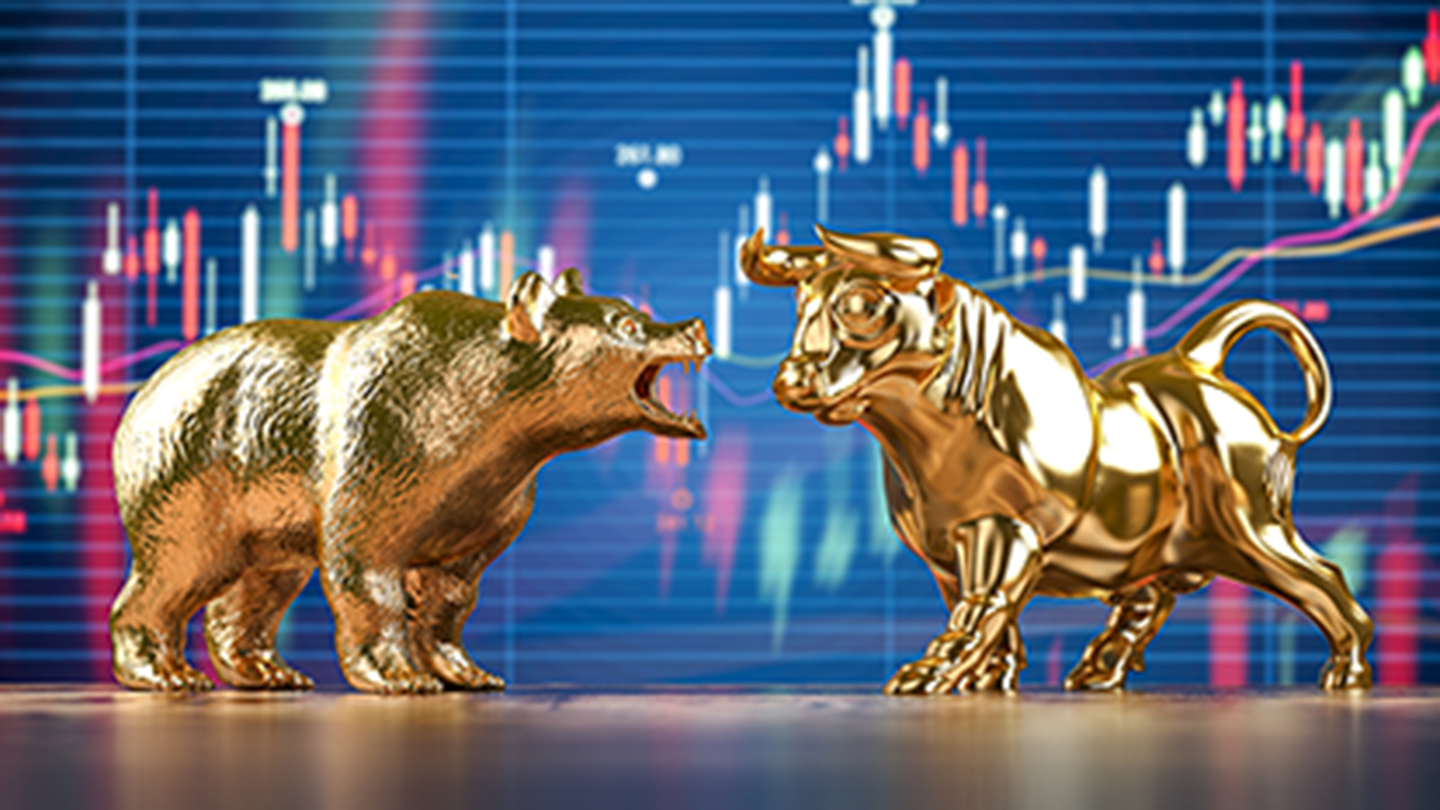 Golden bull and bear on stock data chart background. Investing, stock exchange financial bearish and mullish market concept. 3d illustration