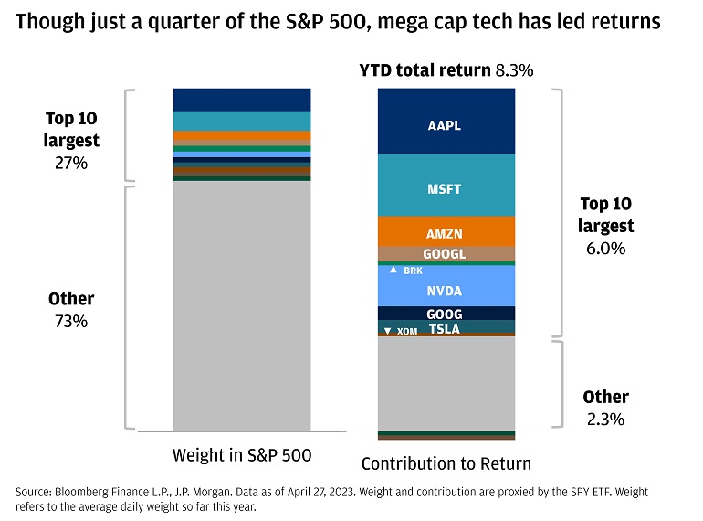This chart shows two bar charts, one showing company weights in the S&P 500