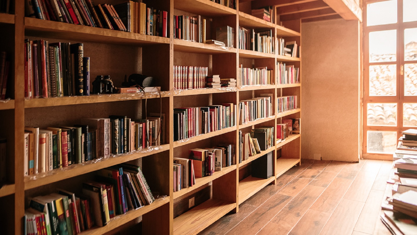 Wooden bookshelves filled with books