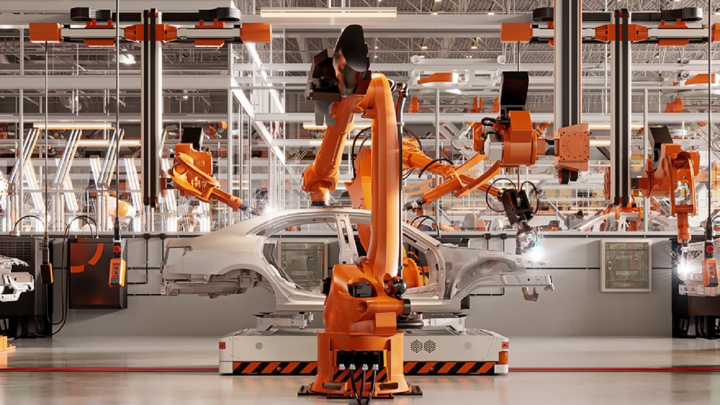 3d rendering of robotic arms welding parts on car body on automated production line. Digitally generated image of an automatic car manufacturing line in an automobile factory.