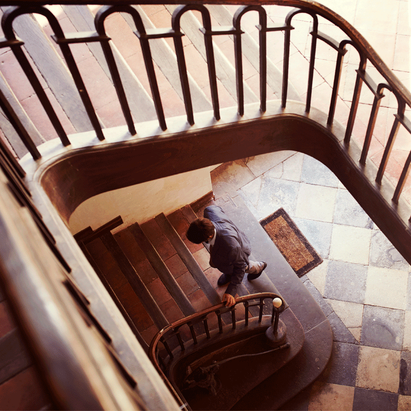 Man walking up stairs