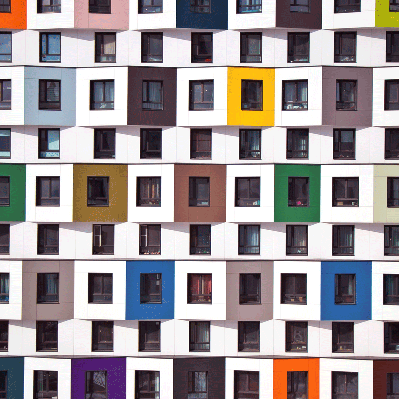 Apartment building with colorful window panes