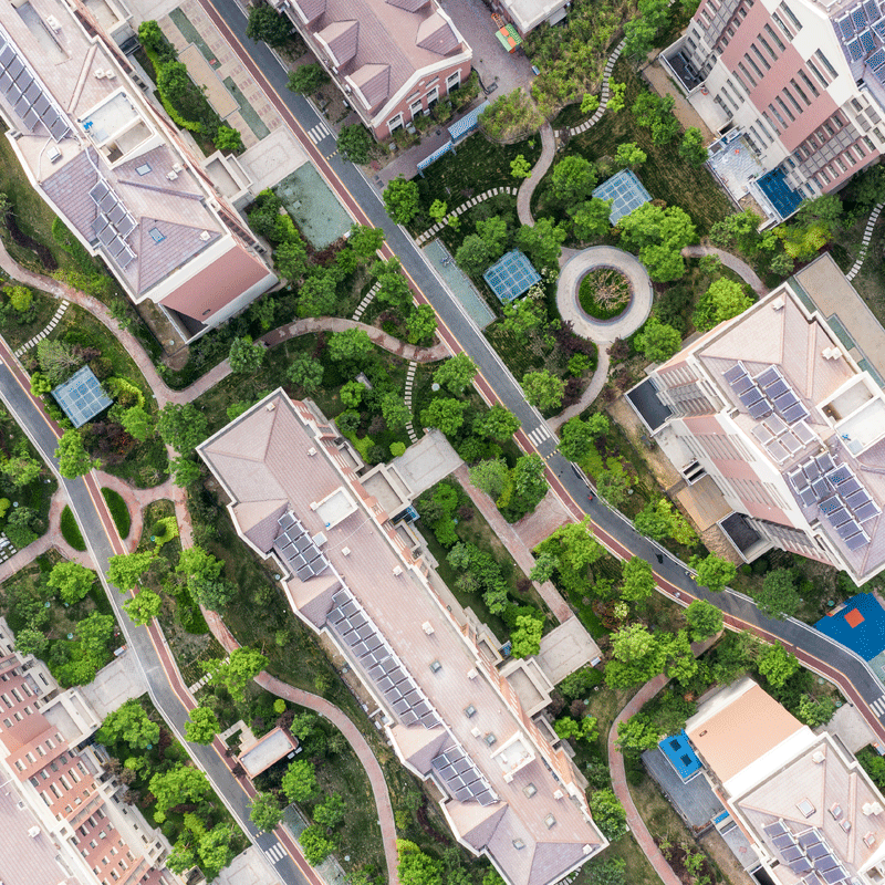 Aerial view of apartment buildings