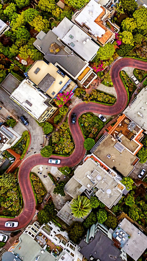 Winding road between houses