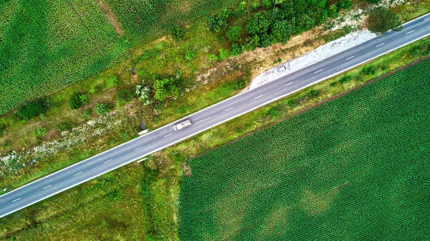 Aerial view of a vehicle on the road