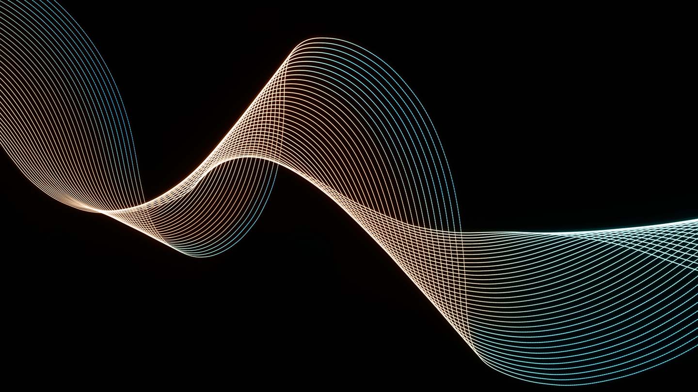 Abstract flowing wave of thin curved lines in teal and gold on a black background