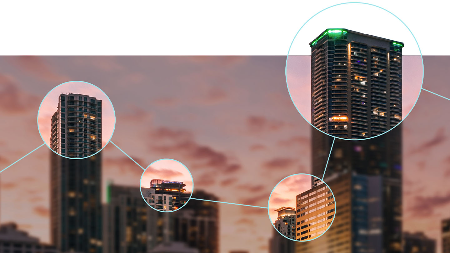 City landscape view with areas of focus