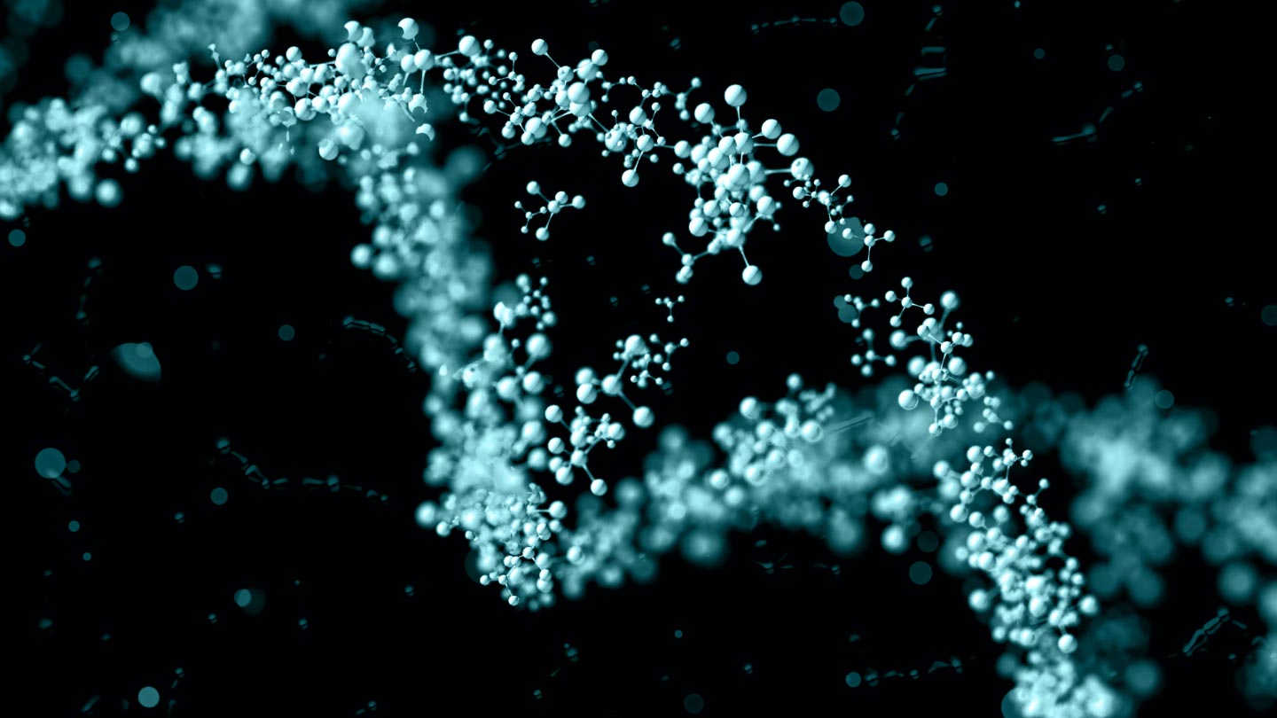 Abstract teal molecular particles forming a twisting chain on a dark background