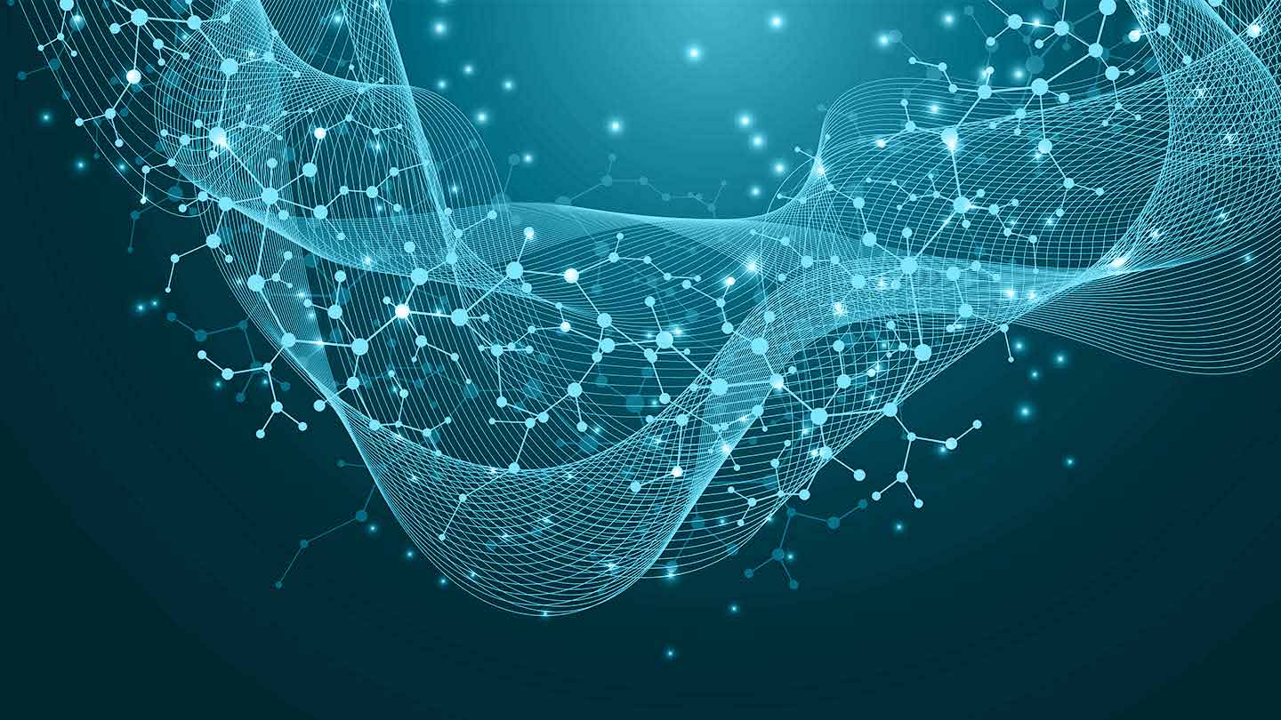 Abstract digital illustration of interconnected nodes and flowing lines representing a network or data connections on a blue background. banner