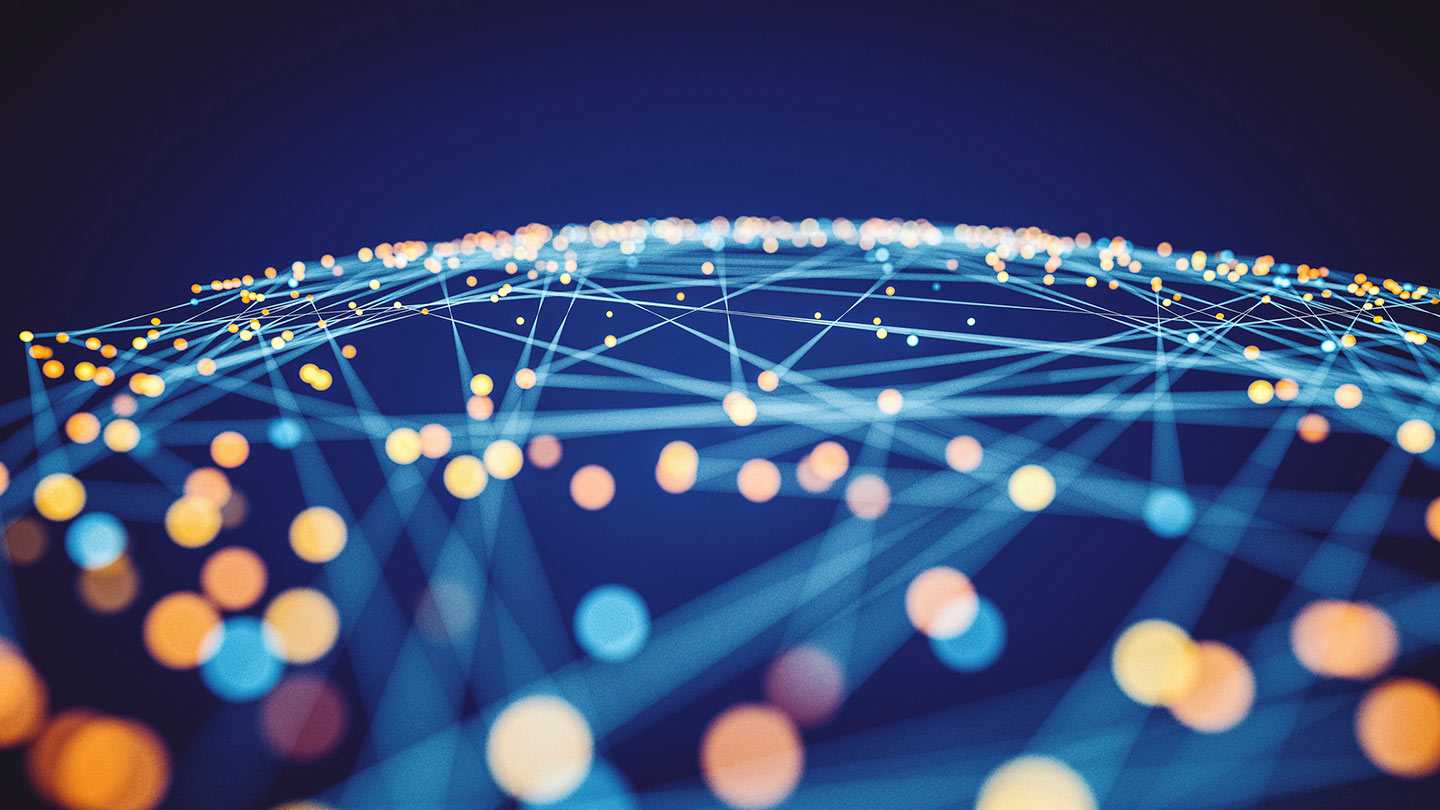 A dark blue abstract network of glowing nodes connected by thin lines across a curved horizon, suggesting global digital connectivity.