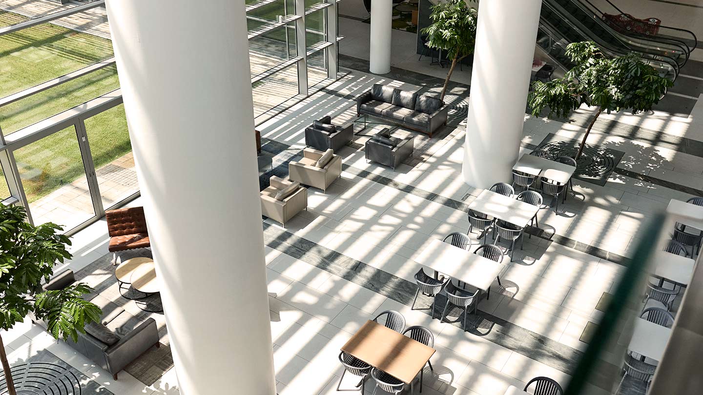 lobby view of building banner