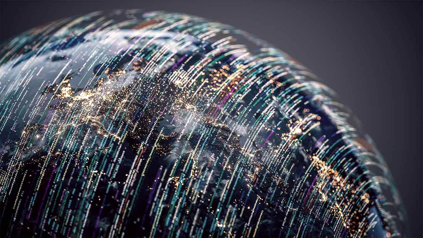 A digital rendering of Earth with illuminated city lights and streams of data lines flowing across the globe.