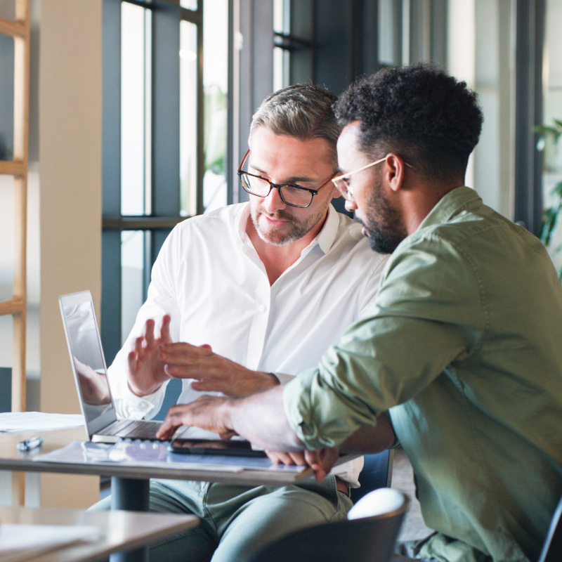 Two professionals consulting with a laptop