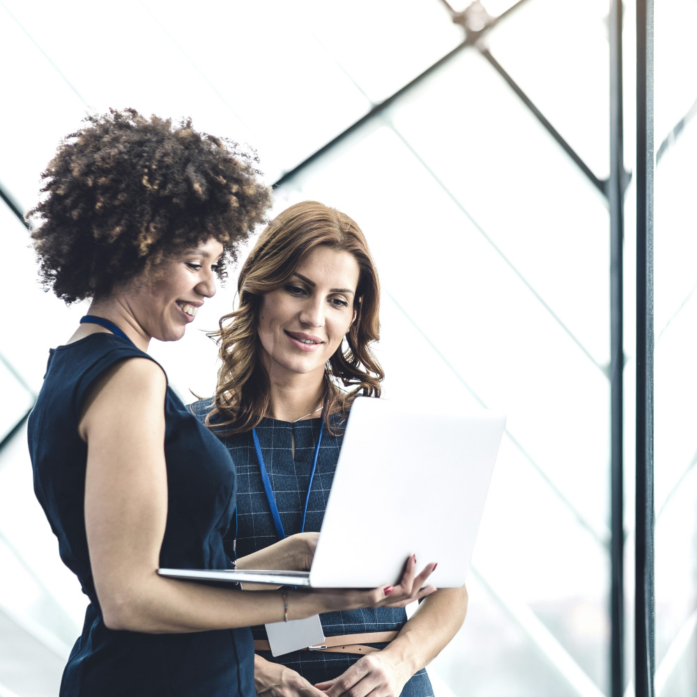 Two professionals consulting with a laptop