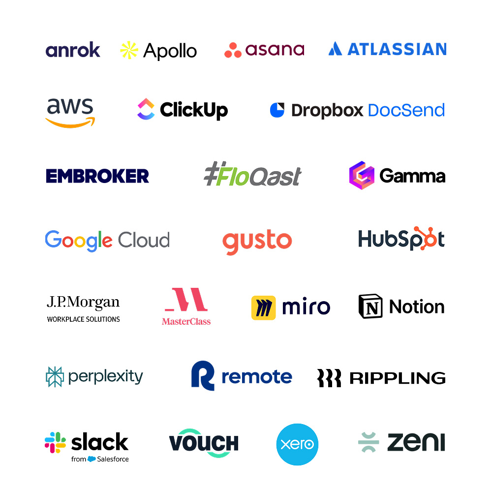 Anrok, Apollo, Asana, Atlassian, AWS, ClickUp, Dropbox DocSend, Embroker, FloQast, Gamma, Google Cloud, Gusto, HubSpot, JPMorgan Workplace Solutions, MasterClass, Miro, Notion, Perpelexity, Remote, Rippling, Slack, Vouch, Xero, Zeni