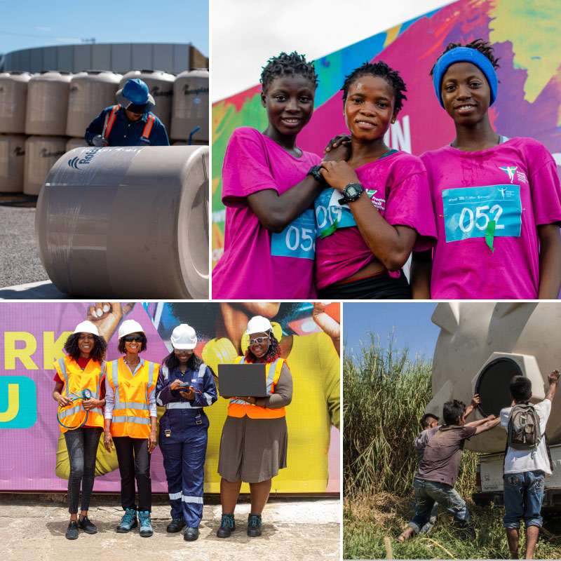 collage with construction man in top left, 2 women smiling in top right, 3 construction workers bottom left, and a tree cut down in bottom right