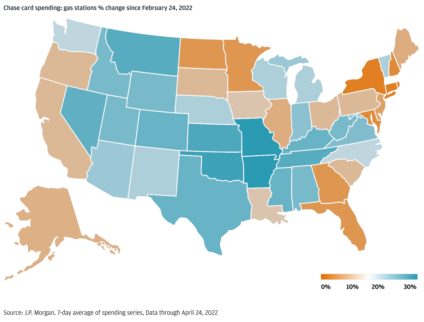 Map depicting Chase card spending on gas across the U.S. between February 24 and April 24, 2022. 