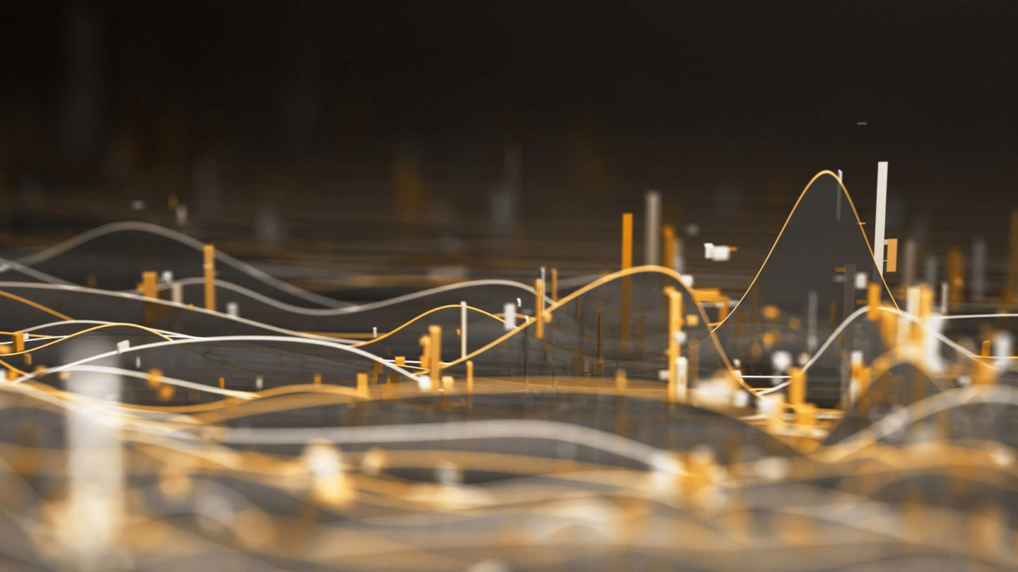 Abstract, stylized data landscape with flowing gold and white lines and vertical bar-like markers on a dark background, suggesting financial or analytics trends.