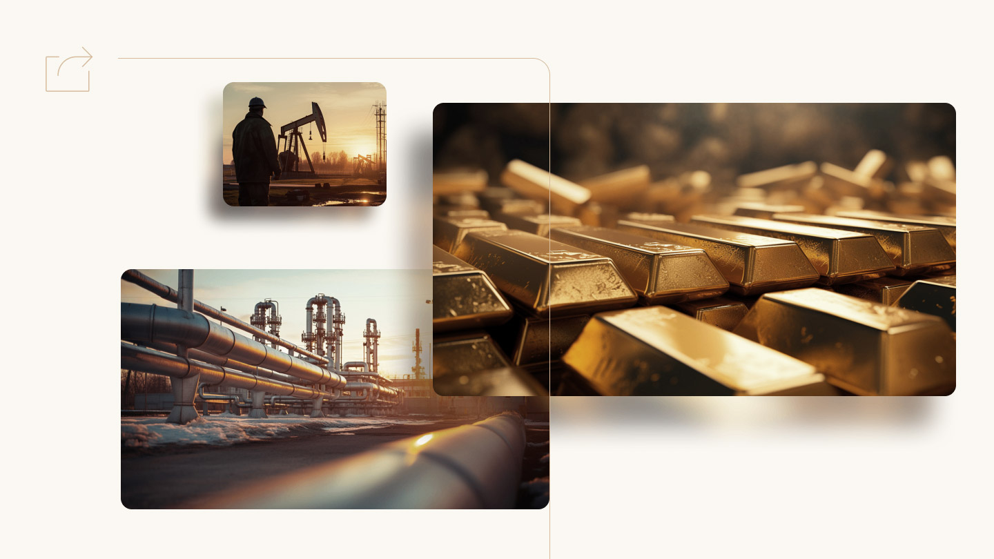 collage of gold and factories