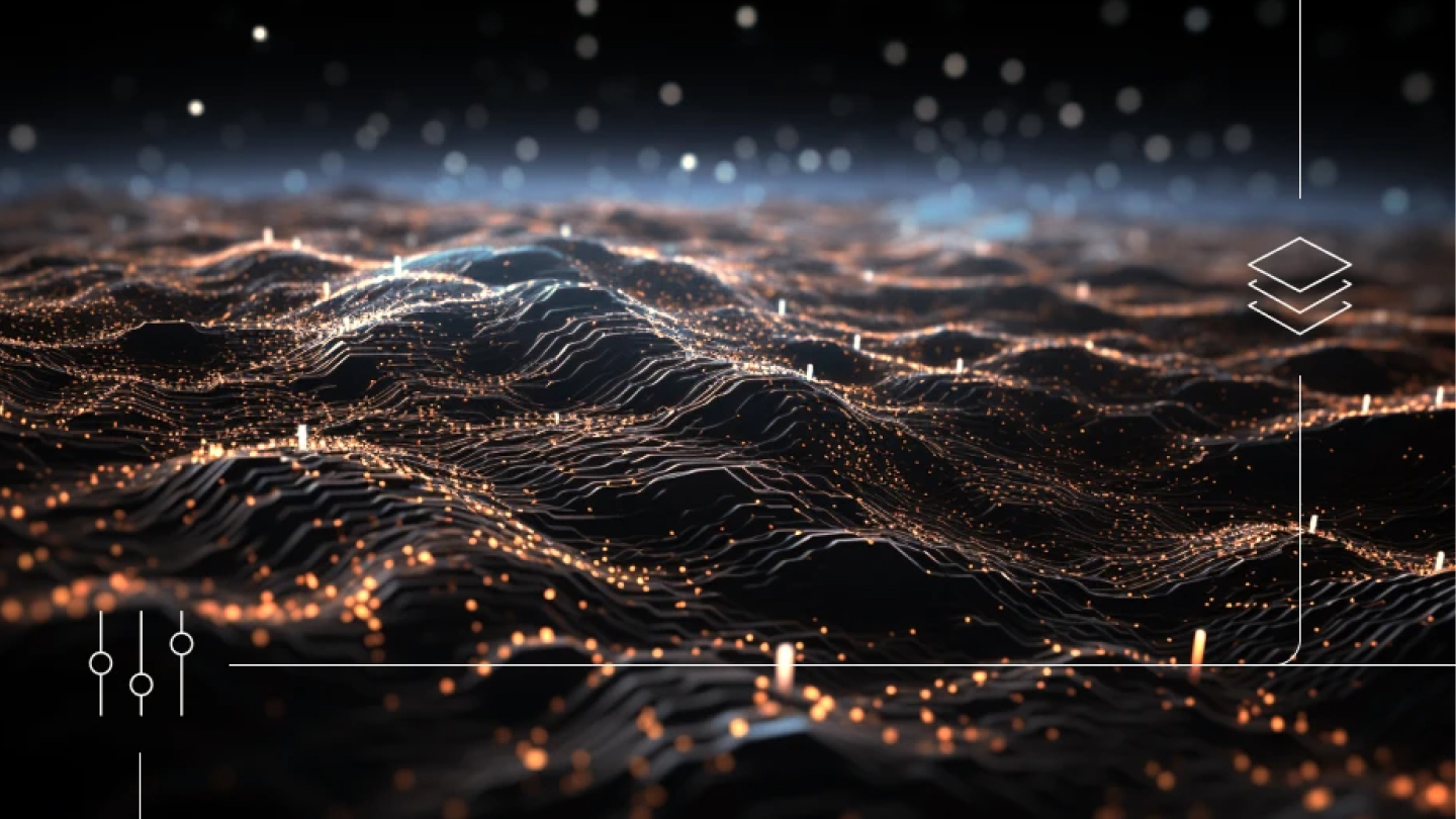 Abstract, glowing data landscape with rolling wave-like ridges made of orange light points and lines on a dark background, with subtle UI-style overlay icons and frame lines.