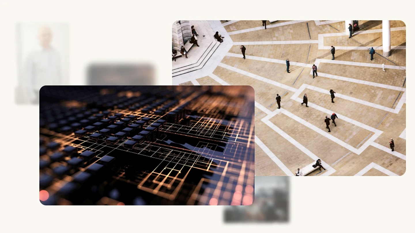 Collage-style image with two main panels: an abstract close-up of a dark circuit-board/grid with glowing lines in the foreground, and an overhead view of people walking across a geometric tiled plaza in the background, with faint blurred images around the edges