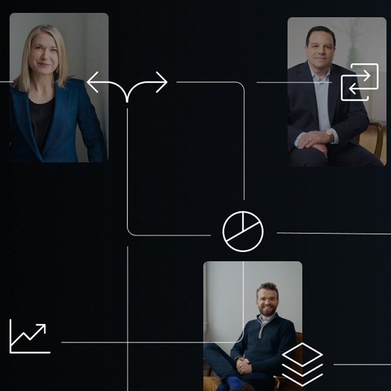 dark background showing three business-portrait photos arranged around thin white connecting lines and arrows, with small finance-style icons (chart, pie chart, stacked layers) suggesting collaboration and data flow.