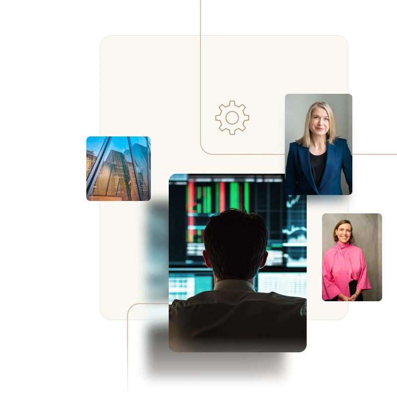 Collage on a light background showing a person viewing trading screens, small portraits of two women, and a city-building photo, connected by thin lines and a gear icon.