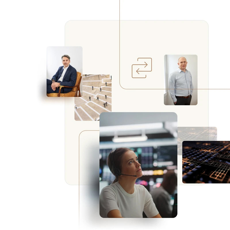 Collage on a light background showing small photos of business people, a trading-floor operator with a headset, an overhead plaza scene, and a circuit-board close-up, connected by thin lines and a two-way arrows icon.