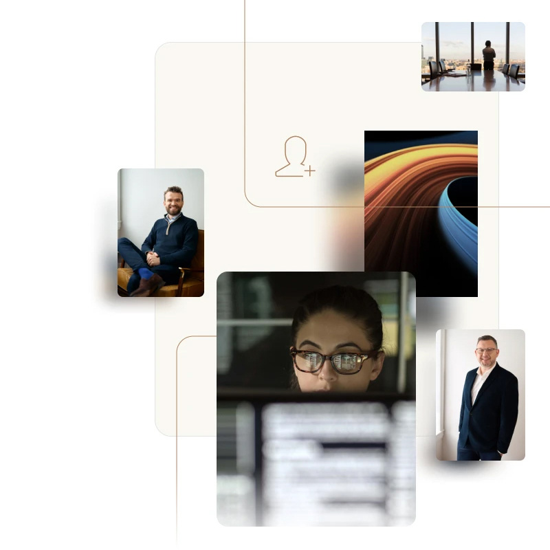 Collage on a light background featuring a close-up of a person at computer screens, small portraits of two men, and abstract/office images, connected by thin lines with a person icon.