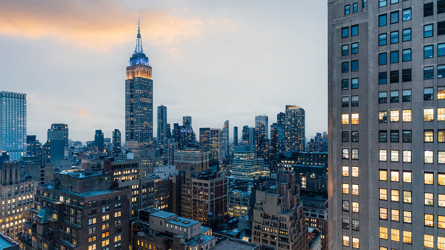 Sunset in Manhattan, as seen from a public terrace. New York City