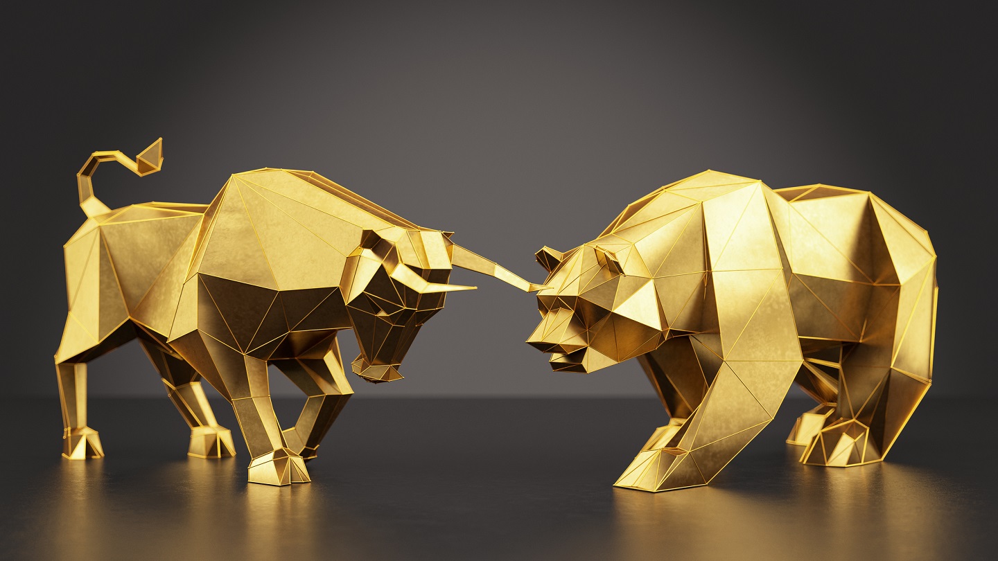 Financial Trade Concept with Golden Bull and Bear on Black. 3D Render