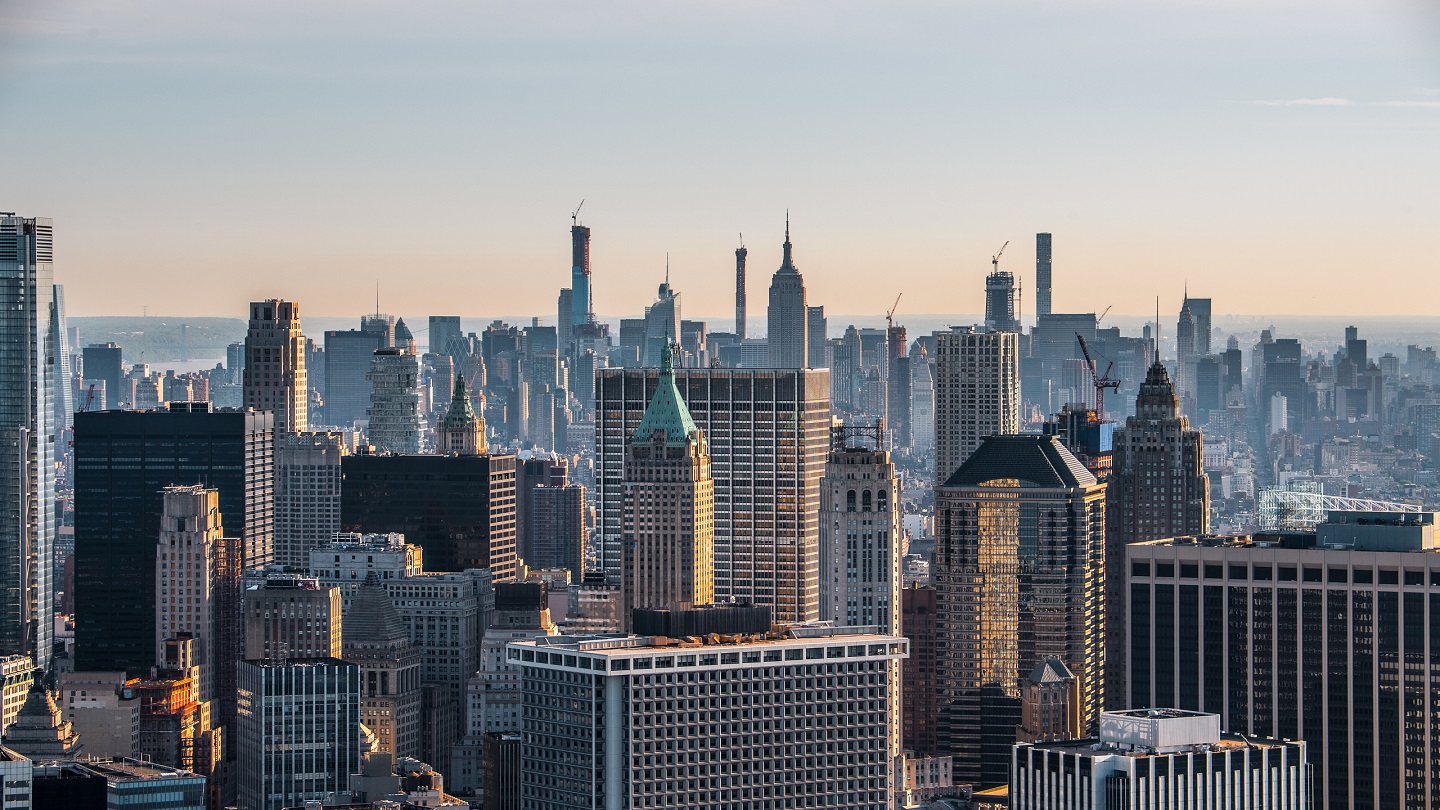 Helicopter view of the New York City skyline and the The Trump Building in Lower Manhattan, New York.