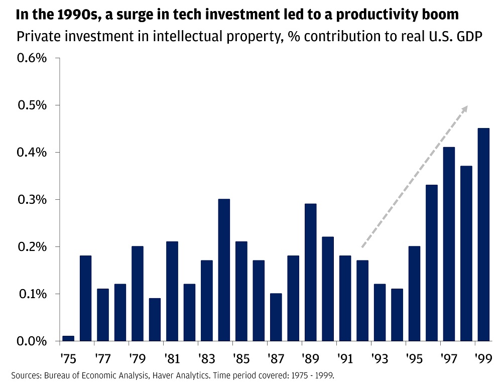 This bar graph shows private investment in intellectual property as a percentage of U.S. GDP from 1975 to 1999.