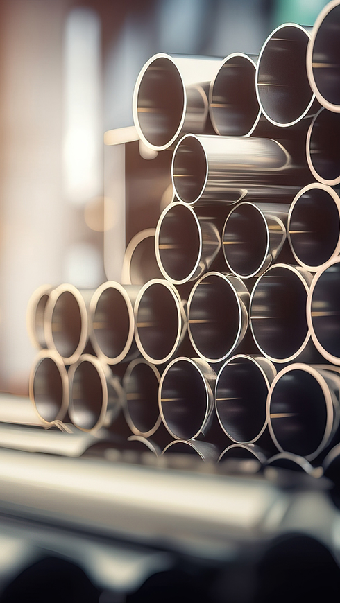  a stack of steel pipes in a warehouse or factory with a blurry background. . generative ai